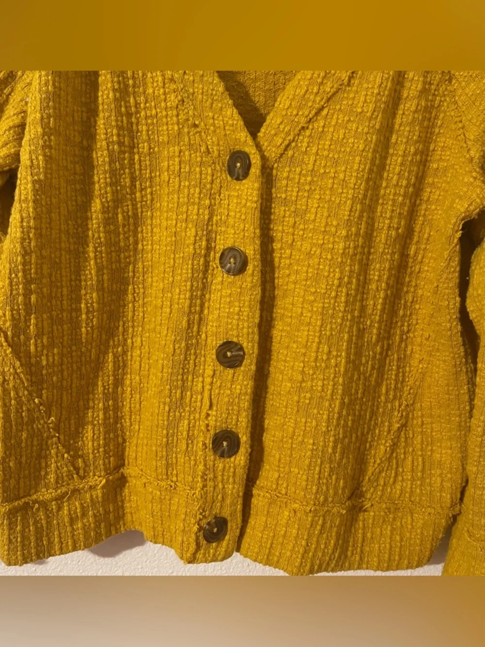 Two by Vince Camuto Large Mustard Textured cotton blend button-up cardigan